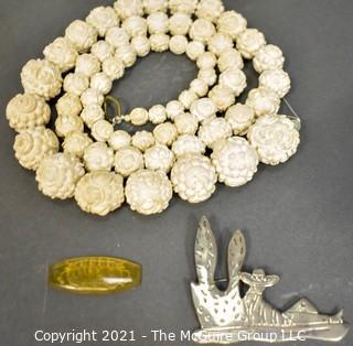 Three (3) Pieces of Vintage Jewelry.  Includes Mexican Brooch, Meerschaum Carved Strand of Beads and Yellow Glass Intaglio Bead.