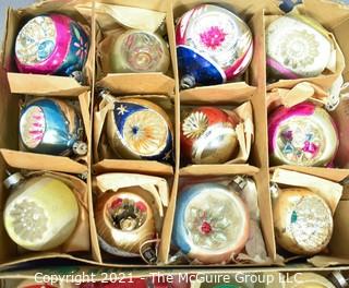 Three (3) Boxes of Vintage Hand Painted Mercury Glass Christmas Ornaments with Indents & Stripes.