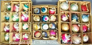 Three (3) Boxes of Vintage Hand Painted Mercury Glass Christmas Ornaments with Indents & Stripes.