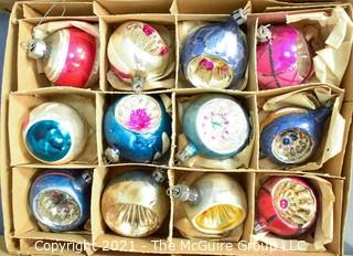 Three (3) Boxes of Vintage Hand Painted Mercury Glass Christmas Ornaments with Indents & Stripes.