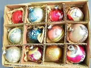 Three (3) Boxes of Vintage Hand Painted Mercury Glass Christmas Ornaments with Indents & Stripes.