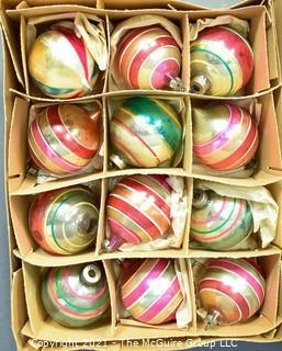 Three (3) Boxes of Vintage Hand Painted Mercury Glass Christmas Ornaments with Stripes.