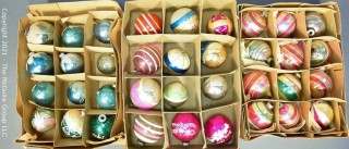 Three (3) Boxes of Vintage Hand Painted Mercury Glass Christmas Ornaments with Stripes.