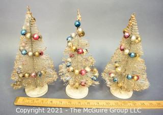 Three (3) Vintage Bottle Brush Trees with Mercury Glass Christmas Ball Ornaments. 