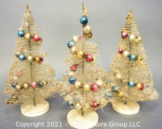 Three (3) Vintage Bottle Brush Trees with Mercury Glass Christmas Ball Ornaments. 