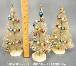 Three (3) Vintage Bottle Brush Trees with Mercury Glass Christmas Ball Ornaments. 