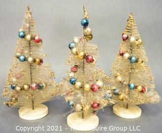 Three (3) Vintage Bottle Brush Trees with Mercury Glass Christmas Ball Ornaments. 