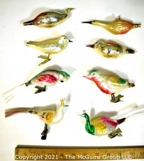 Eight (8) Mercury Glass Bird Christmas Tree Clip-On Ornaments.