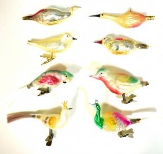 Eight (8) Mercury Glass Bird Christmas Tree Clip-On Ornaments.