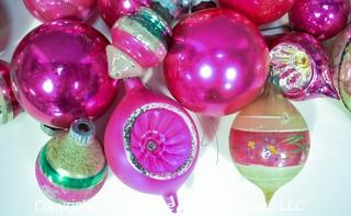 Group of Vintage Hand Painted Pink and Mercury Glass Christmas Ornaments.