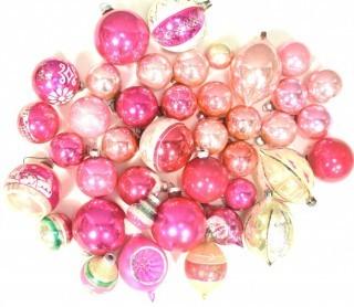 Group of Vintage Hand Painted Pink and Mercury Glass Christmas Ornaments.