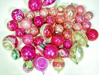 Group of Vintage Hand Painted Pink and Mercury Glass Christmas Ornaments.