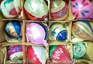 Two (2) Boxes of Vintage Hand Painted Mercury Glass Christmas Ornaments with Indents & Flowers.