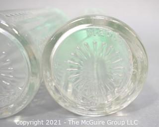 Two (2) Vintage Green Medco Dial-A-Drink Recipe Top Skyscraper Cut Glass Cocktail Shakers.