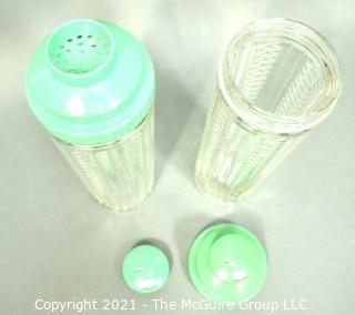 Two (2) Vintage Green Medco Dial-A-Drink Recipe Top Skyscraper Cut Glass Cocktail Shakers.