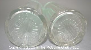 Two (2) Vintage Green Medco Dial-A-Drink Recipe Top Skyscraper Cut Glass Cocktail Shakers.