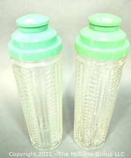 Two (2) Vintage Green Medco Dial-A-Drink Recipe Top Skyscraper Cut Glass Cocktail Shakers.