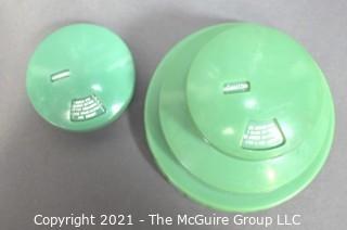 Two (2) Vintage Green Medco Dial-A-Drink Recipe Top Skyscraper Cut Glass Cocktail Shakers.