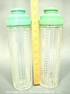 Two (2) Vintage Green Medco Dial-A-Drink Recipe Top Skyscraper Cut Glass Cocktail Shakers.