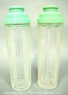 Two (2) Vintage Green Medco Dial-A-Drink Recipe Top Skyscraper Cut Glass Cocktail Shakers.