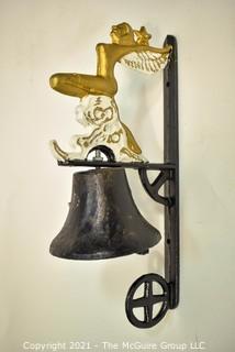 Vintage Wall Mount Cast Iron Bell with Winged Siren on Wave.