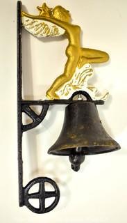 Vintage Wall Mount Cast Iron Bell with Winged Siren on Wave.