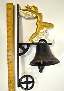 Vintage Wall Mount Cast Iron Bell with Winged Siren on Wave.