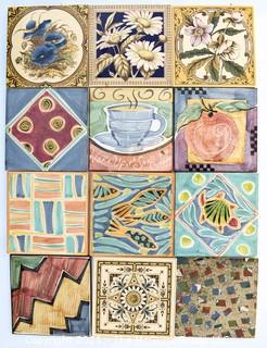 Twelve (12) Unique Hand-Painted Ceramic Tiles, Made in England.  Each measure 6" Square. 