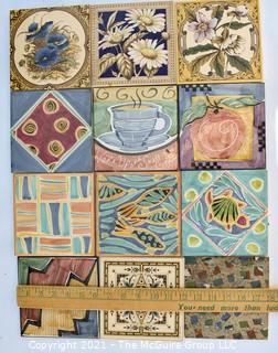 Twelve (12) Unique Hand-Painted Ceramic Tiles, Made in England.  Each measure 6" Square. 