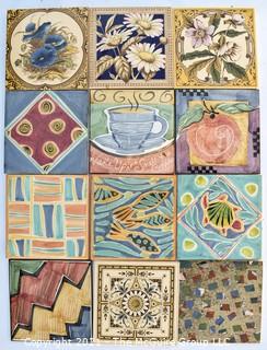 Twelve (12) Unique Hand-Painted Ceramic Tiles, Made in England.  Each measure 6" Square. 