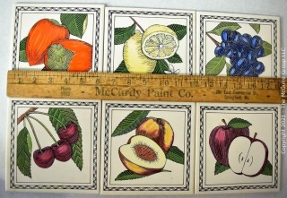 Six (6) Fruit Themed Ceramic Kitchen Tiles for Backsplash.  Each measure 6" Square. 