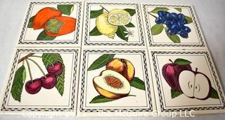 Six (6) Fruit Themed Ceramic Kitchen Tiles for Backsplash.  Each measure 6" Square. 