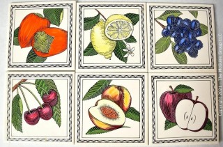 Six (6) Fruit Themed Ceramic Kitchen Tiles for Backsplash.  Each measure 6" Square. 