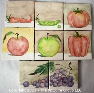 Eight (8) Hand Thrown and Painted Fruit and Vegetable Themed Ceramic Kitchen Tiles. Each measure 4" Square.