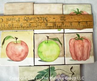 Eight (8) Hand Thrown and Painted Fruit and Vegetable Themed Ceramic Kitchen Tiles. Each measure 4" Square.