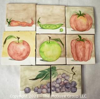 Eight (8) Hand Thrown and Painted Fruit and Vegetable Themed Ceramic Kitchen Tiles. Each measure 4" Square.