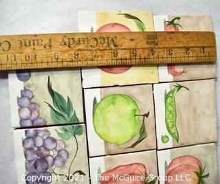 Eight (8) Hand Thrown and Painted Fruit and Vegetable Themed Ceramic Kitchen Tiles. Each measure 4" Square.