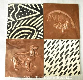 Four (4) Ceramic Hand Painted Tiles Including Two in Copper with Animal Reliefs.  Each measure 6" Square.