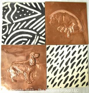 Four (4) Ceramic Hand Painted Tiles Including Two in Copper with Animal Reliefs.  Each measure 6" Square.