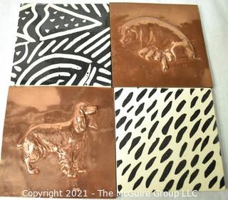 Four (4) Ceramic Hand Painted Tiles Including Two in Copper with Animal Reliefs.  Each measure 6" Square.