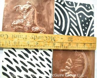 Four (4) Ceramic Hand Painted Tiles Including Two in Copper with Animal Reliefs.  Each measure 6" Square.