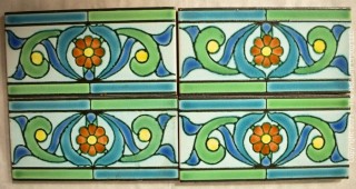 Four (4) Vintage Italian Hand Painted Clay Tile Edge Border Pieces in Geometric Floral Pattern. Each measure 8" x 4".