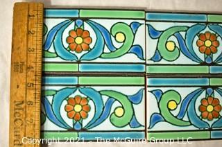 Four (4) Vintage Italian Hand Painted Clay Tile Edge Border Pieces in Geometric Floral Pattern. Each measure 8" x 4".