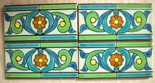 Four (4) Vintage Italian Hand Painted Clay Tile Edge Border Pieces in Geometric Floral Pattern. Each measure 8" x 4".