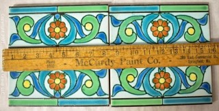 Four (4) Vintage Italian Hand Painted Clay Tile Edge Border Pieces in Geometric Floral Pattern. Each measure 8" x 4".