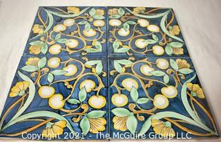 Set of Four (4) Floral Blue & Yellow Hand-Painted Tiles That Form Pattern. Each measure 6" square. 