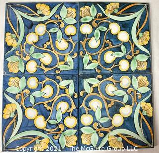 Set of Four (4) Floral Blue & Yellow Hand-Painted Tiles That Form Pattern. Each measure 6" square. 