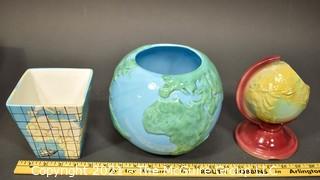 Three World Globe Pottery Planters Including One by Shawnee.