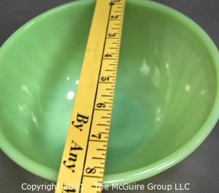 Group of Vintage Green Jadeite Glassware. Includes Fire King Swirl Mixing Bowl and Four Serving Bowls. 