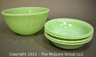 Group of Vintage Green Jadeite Glassware. Includes Fire King Swirl Mixing Bowl and Four Serving Bowls. 